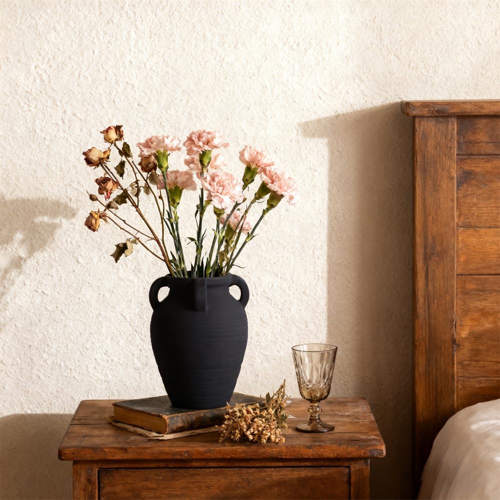 Handmade Black Terracotta Vase, 8.2" Tall with 4 Ears, Wide Mouth Ceramic Vases, Vintage Farmhouse Vase, Rustic Antique Matte Finish Decor Vases for Home, Living Room