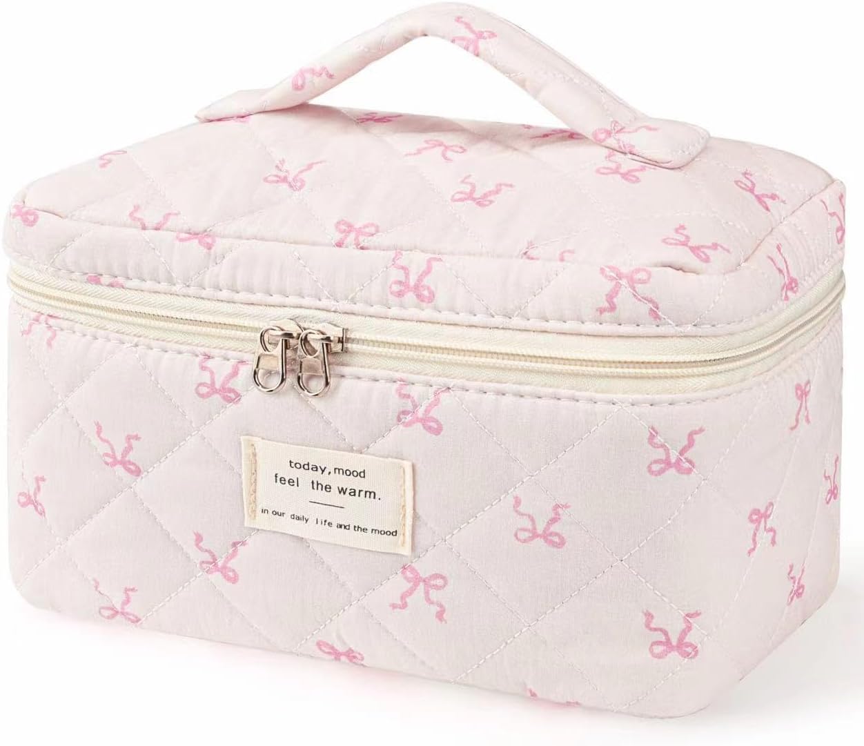 Large Travel Quilted Makeup Bag,Cute Bow Cotton cosmetic bag, Fashionable aesthetic makeup bag,Coquette Aesthetic Floral Travel Toiletry Bag for Women and Girls
