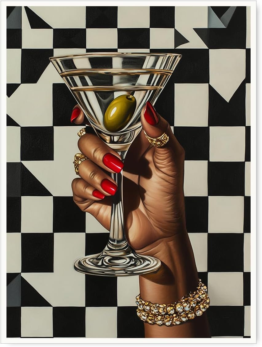 Pintura retro de Martini con diseño de mujer negra, carro, póster ecléctico de cóctel, decoración de apartamento de moda para sala de estar, comedor