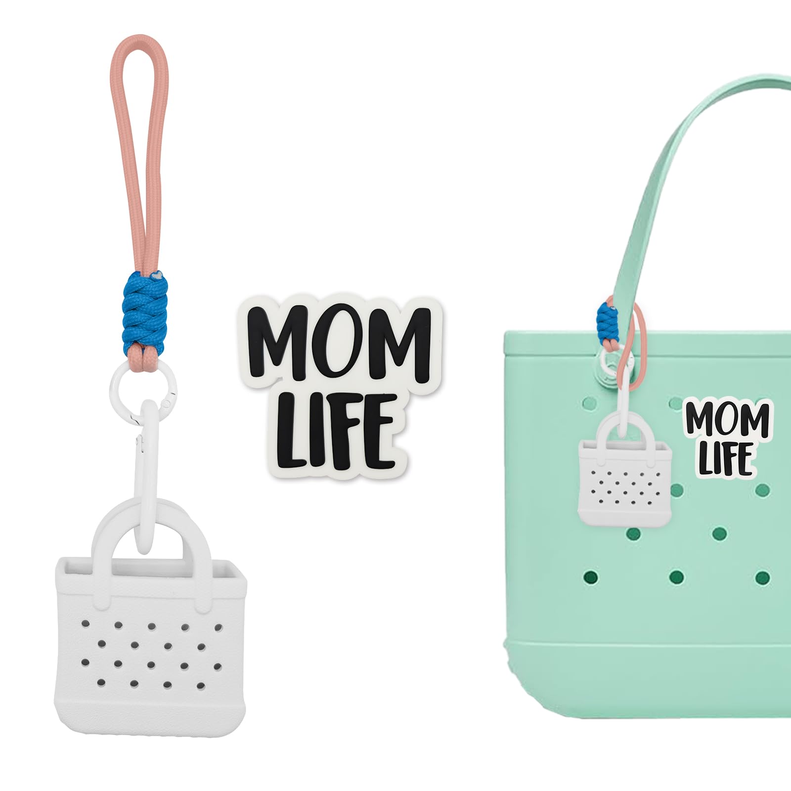 HMGES Mini EVA Bag Charms for Bogg Bag – Small Open-Top Pouch with Paracord Carabiner & “Mom Life” Charm – Holds Keys, Earbuds & Small Essentials –