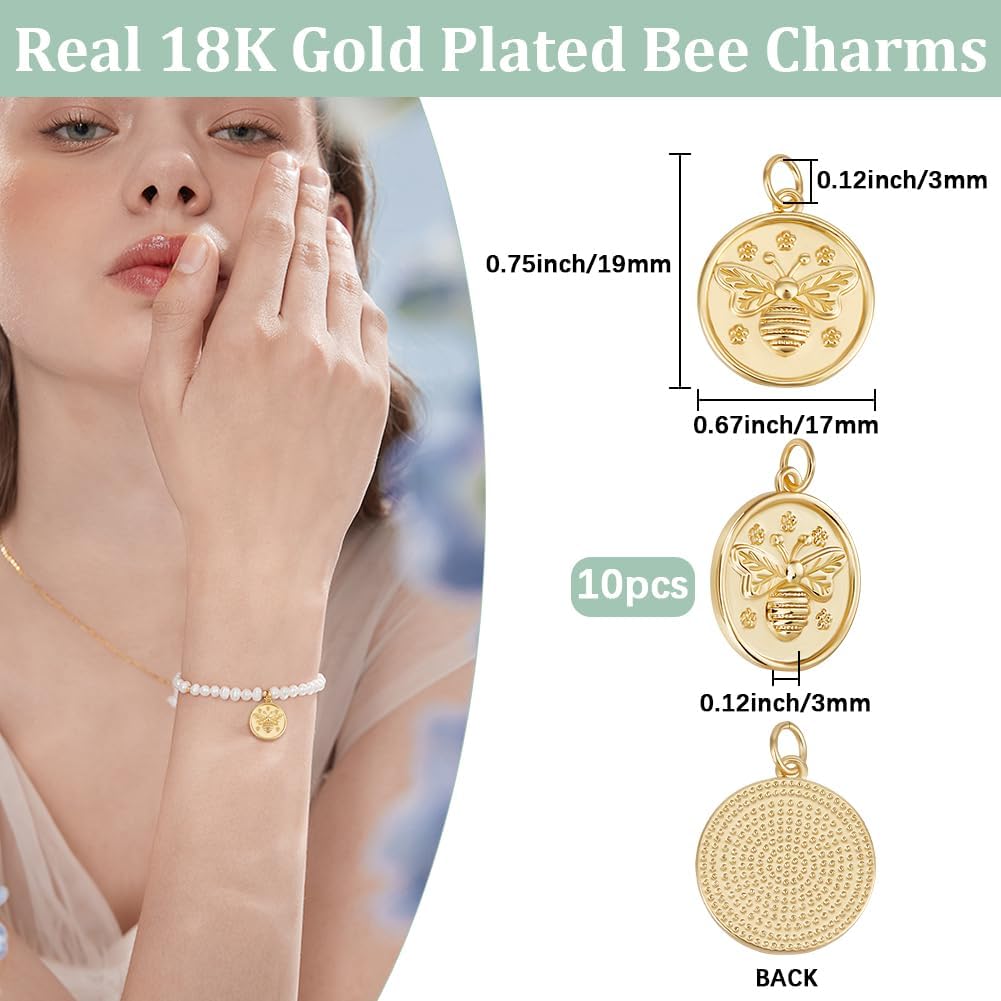Beebeecraft 1 Box 10Pcs Gold Bee Charms 18K Gold Plated Honeybee Round Flat Charm for Jewelry Making Earring Necklace DIY Crafts