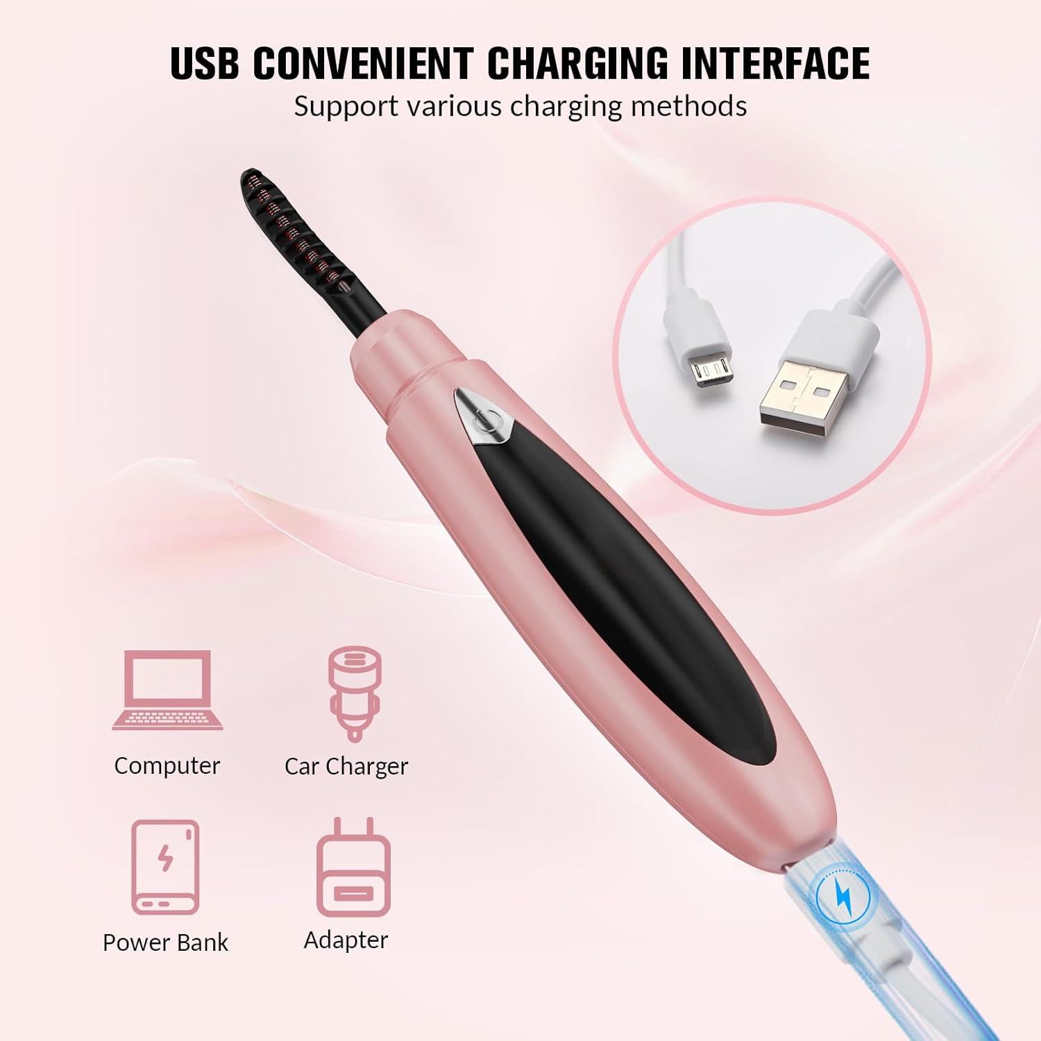 Heated Eyelash Curler, Eye Lash Curler Heat with Comb, 10s Fast Heat Up Lash Curling Tool with Adjustable 3 Temperature Level, Natural Curl, USB Rechargeable, Portable for Travel (Pink) - Image 6