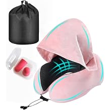 Travel Pillow with Large Hood Neck Pillow with Memory Foam Filling Hooded Travel Neck Pillow for Airplane with Removable Cover Block Out Light for Car Sleep Portable Plane Accessories