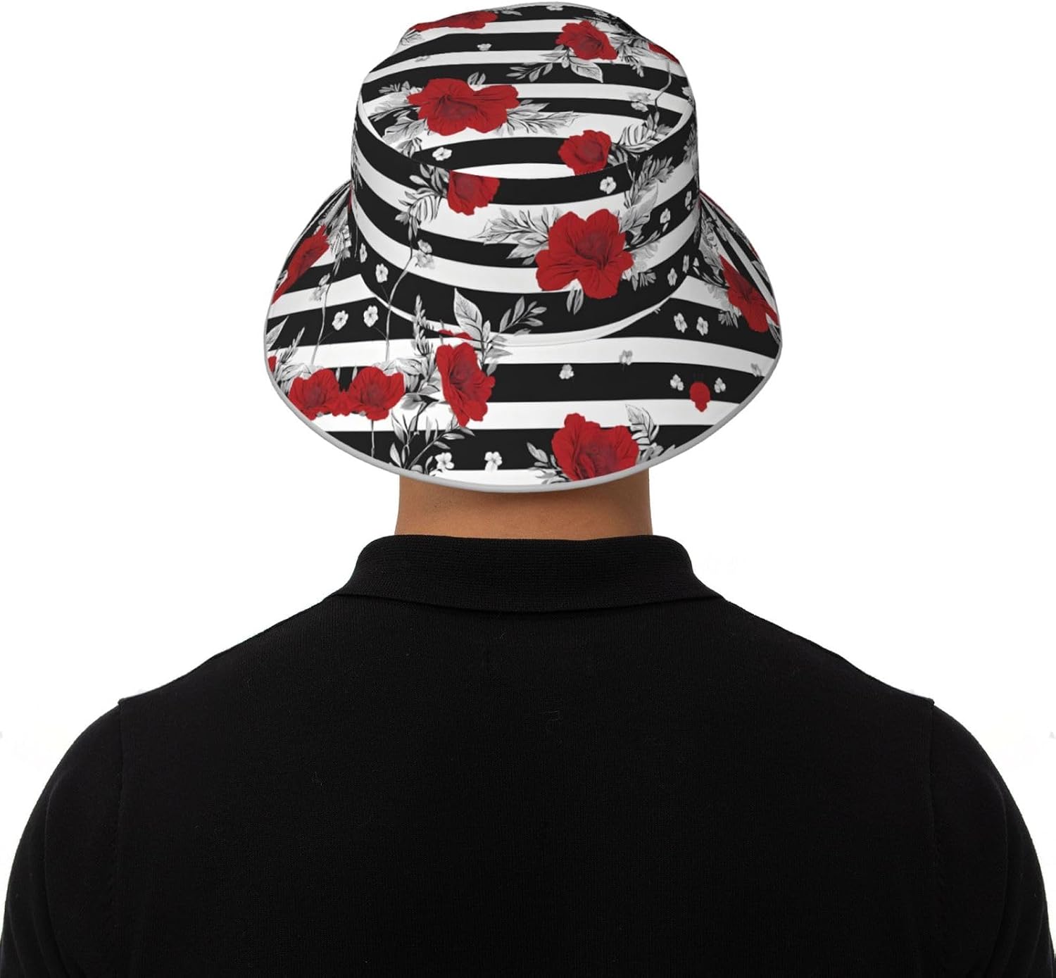 (Black White Stripes Red Rose Flowers) Reflective Reversible Bucket Hat Foldable Breathable Stylish Two-Way Wear for Outdoor Travel Daily Activities