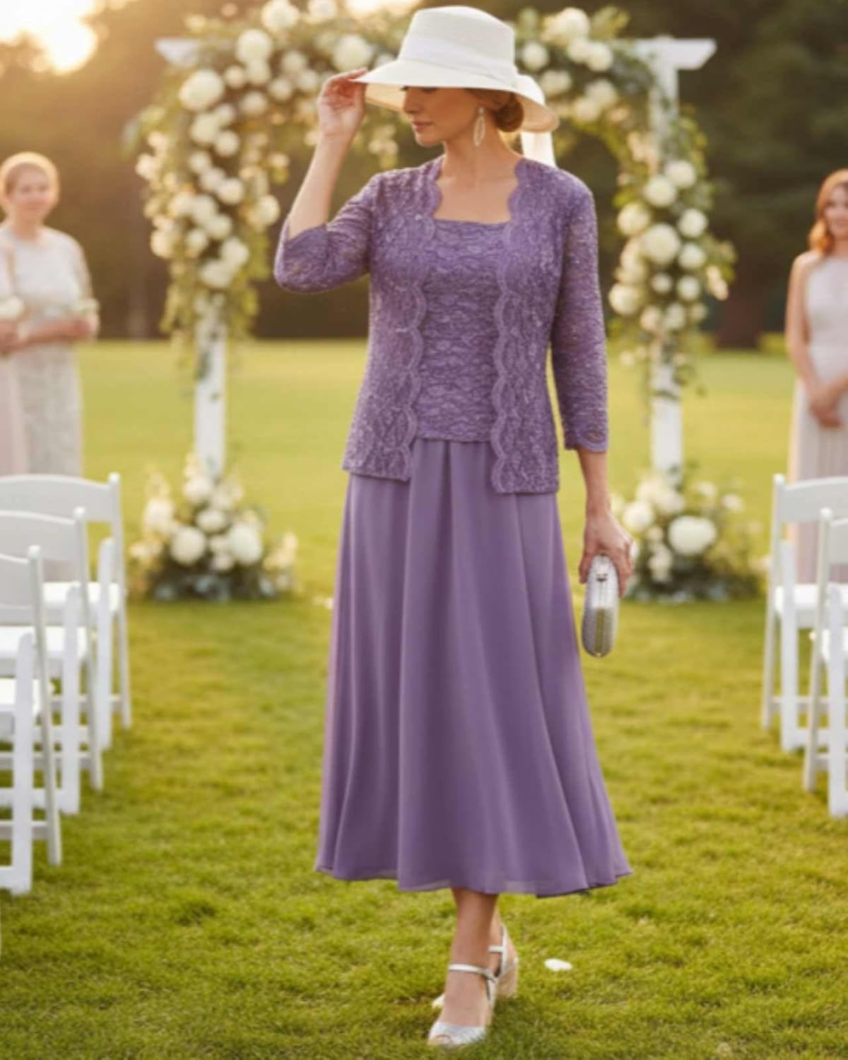 2 Pieces Mother of Bride Dresses with Jacket Lace Chiffon Mother of The Groom Dress Formal Evening Gowns