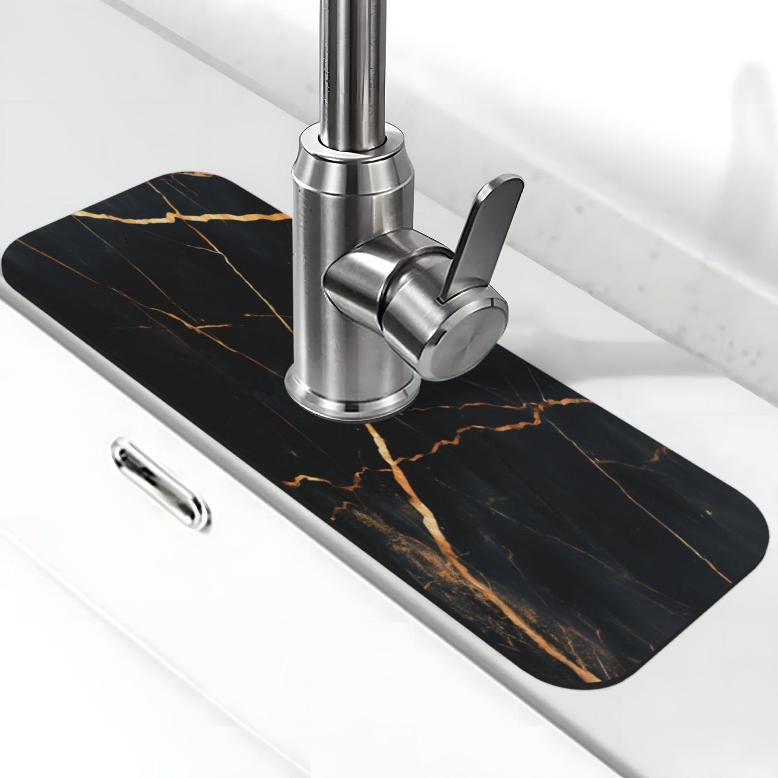 Sink Faucet Mat Black Marble Kitchen Splash Guard Absorbent Bathroom Sink Mat Around Faucet 15" x 5.5" Drying Mats Stone Draining Mat