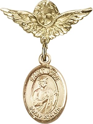 Gold Filled Baby Badge with St. Jude Thaddeus Charm and Angel w/Wings Badge Pin 1 X 3/4 inches