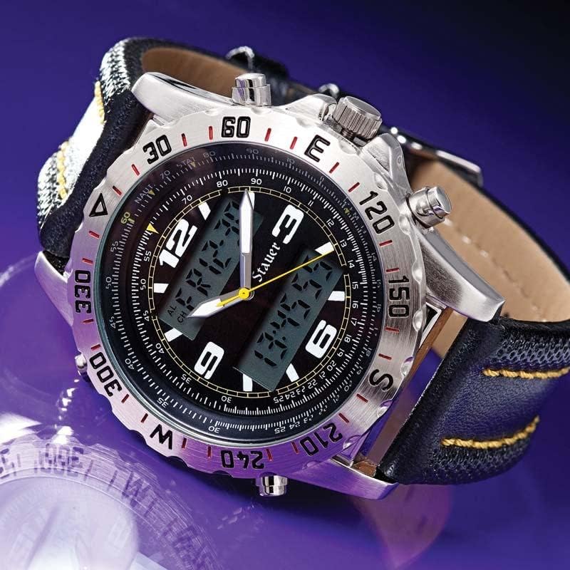 Angled view of the Stauer Centurion Hybrid watch, with the digital display showing time and date.