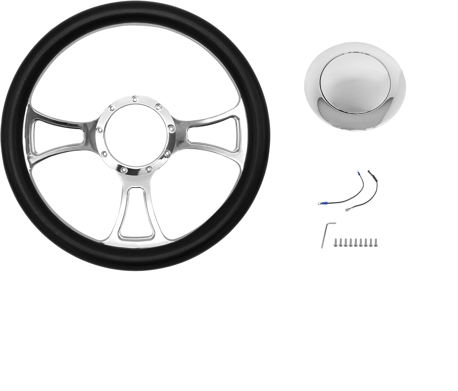 14'' x 2'' Billet Black Leather Half Wrap 9 Bolts Dish Steering Wheel with Chrome Horn Button,'TRINITY' Style Steering Wheel, Comes with 9-Bolt Horn Button, Fits Most 1967-94 GM Cars