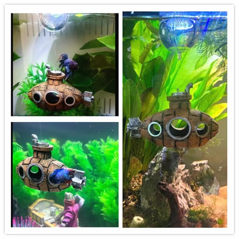 Image of Floating Fish Aquarium Tank Decoration Game Aquarium Accessories (Brown) | Retro Submarine Aquarium Decoration Fish Toy Betta Cichlid Gold Fish Shrimp Hermit Crab Game Companion Aquarium Accessories