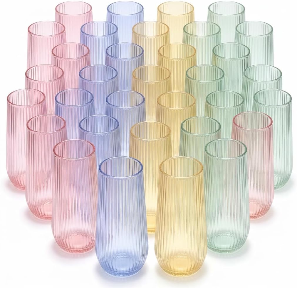 48 Pack Ribbed Ripple Stemless Toasting Glasses, Origami Durable 9 Oz BPA-Free Disposable Plastic Champagne Flutes for Weddings, Bars, Events, and Celebrations (48, Ribbed Color Collection)