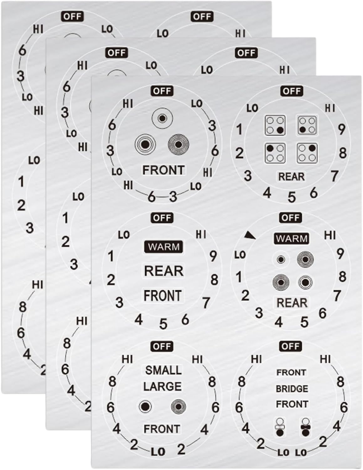 Stove Dials Stickers, Stovetop Knob Symbols Decals for Replacement, Adhesive Stickers for Top Burner Control Dial, Range Oven, Gas Stove Knob Burner Identification, Black Symbols on Silver Background