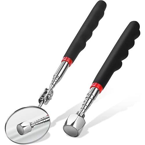 Telescoping Magnetic Pickup Tool Set Pull Force 22 lb, Extendable Magnet Pick-Up Tools, Telescopic Magnet Stick, Round 360° Swivel Adjustable Inspection Mirror, Birthday Gifts for Men, Dad, 2 Pack