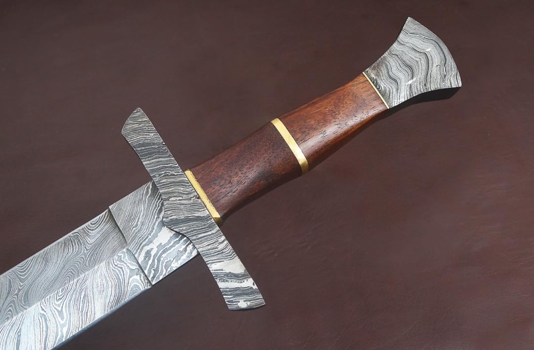 Empire - Handmade Damascus Steel Double Edge Viking Sword with Leather Sheath - Rose Wood Handle - Hunting Sword - Combat Sword - Survival Sword