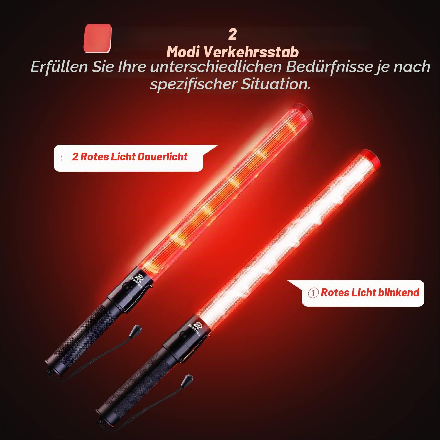 RoadHero 6er-Pack Verkehrsstäbe, 53,3 cm LED Verkehrskontrollstäbe mit 2 Blinkmodi, Luftverkehrsleitstab mit Seitenclip für Flughafen, Parken, direktes Leiten von Autos