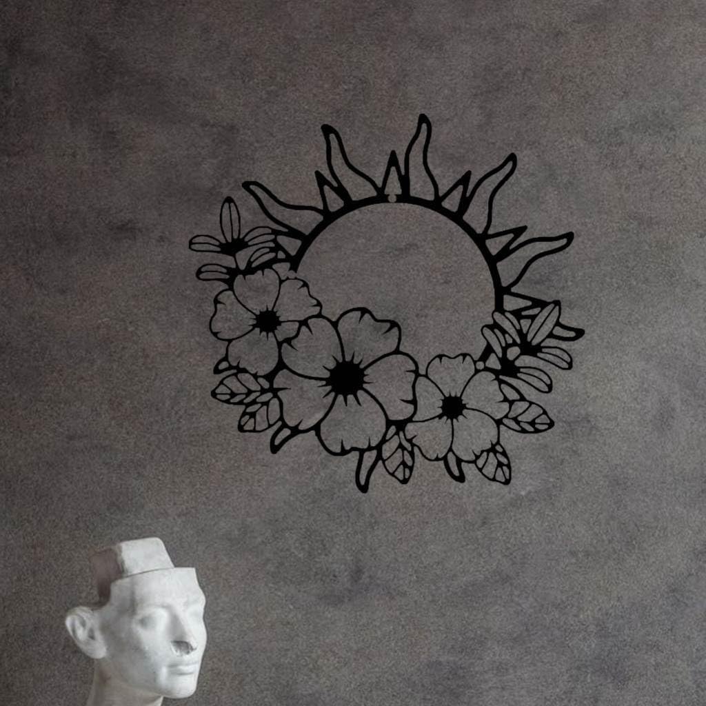 WPCJREU Sun And Flowers Metal Wall Art - Indoor/Outdoor Decor, Plaque With Floral & Sun Design, For Living Room, Patio, Unique Gift For Nature Lovers