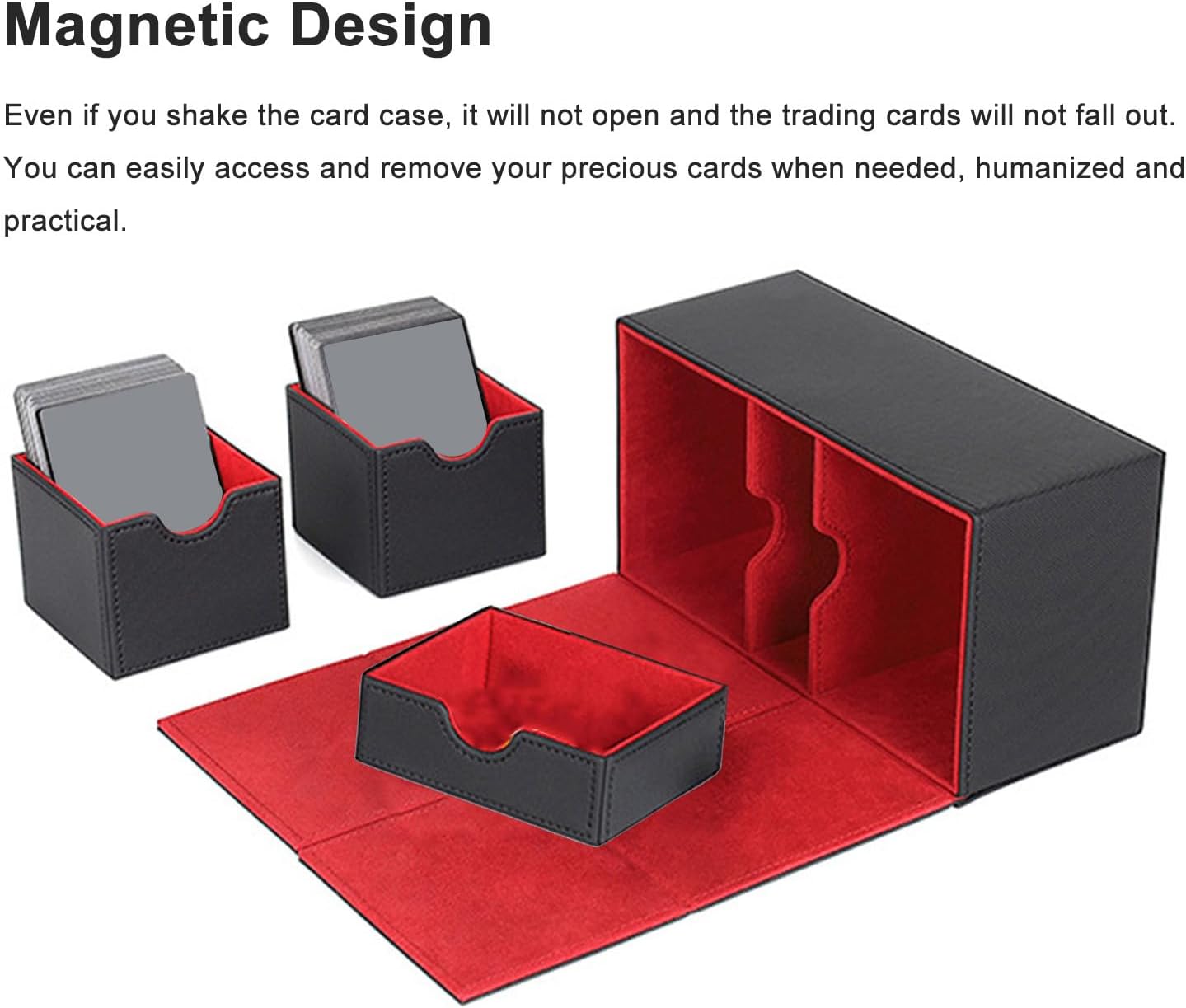 SUNGOOYUE Card Deck Box, PU Leather Game Card Storage Box with 3 Drawers and Magnetic Closure, for Holding Over 200 Cards Sports Cards (Black Red)