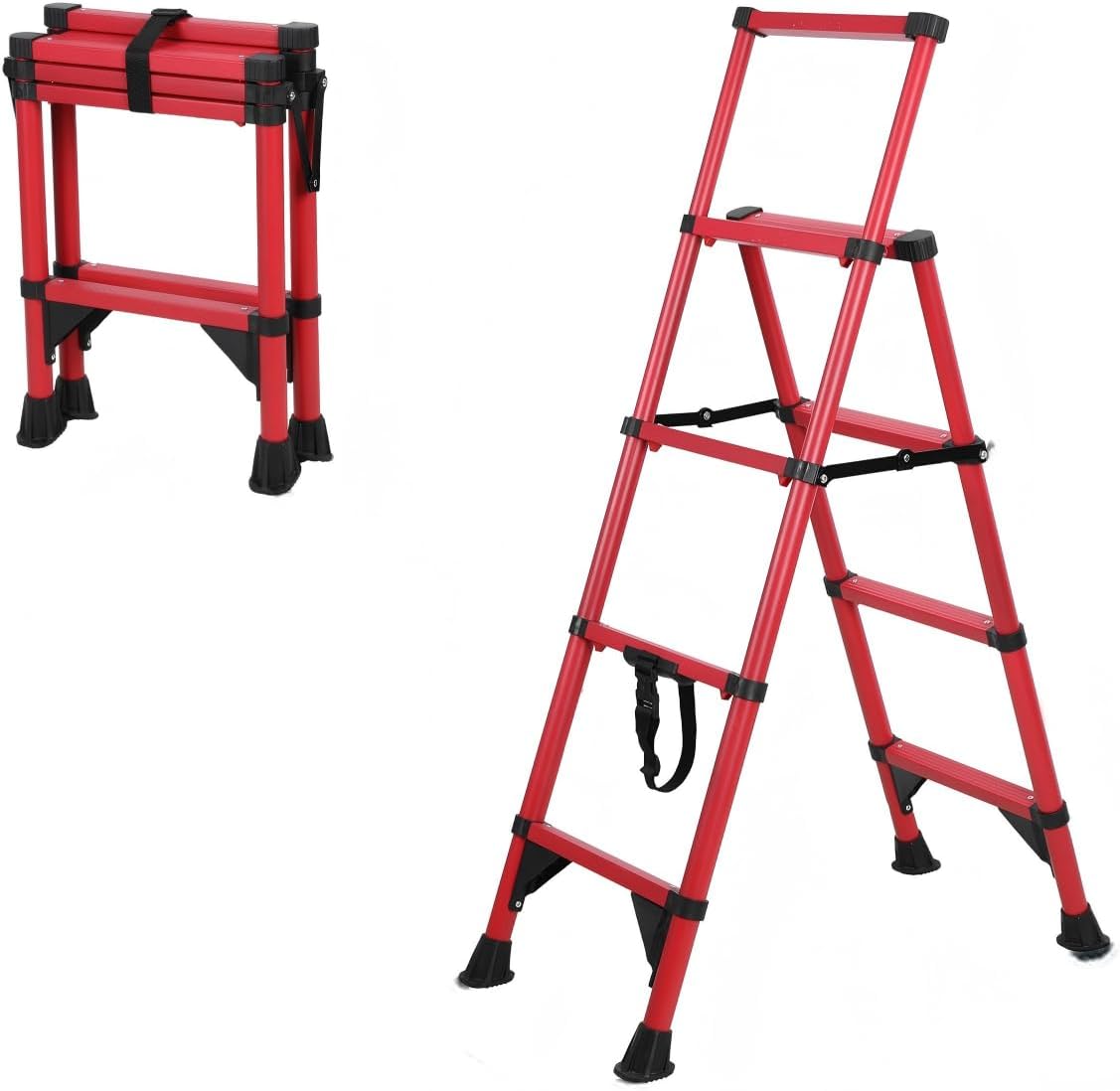 4 Step Aluminum Telescoping Ladder, 330lbs Capacity Foldable Extension Ladder with Anti-Slip Feet, Multi Position A Frame Ladder for Home Indoor Outdoor Use, Compact Storage (Red)