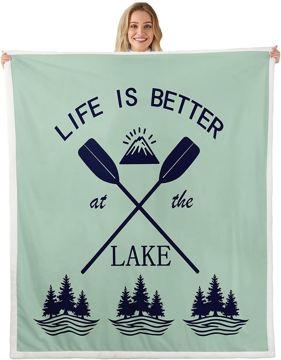 Lake House Throw Blanket For Cabin Lodge,Life Is Better At The Lake Fishing Fleece Blanket Queen 90"X90" Mountain Rainforest Plush Bed Blanket Rustic Country Paddle Sherpa Blanket For Kids Adults Teal