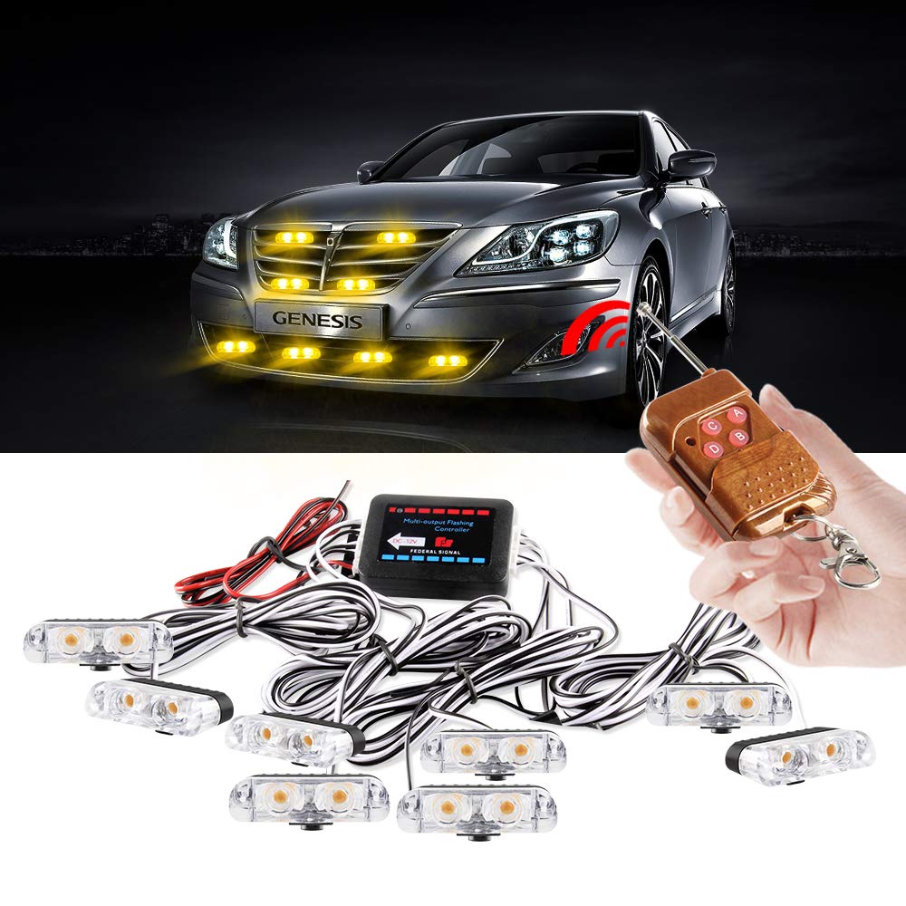 8 in 1 LED Lumières Stroboscopiques D'urgence pour Camion Véhicule Avertissement Clignotant Grille de Guide Flash DRL Police Voiture Moto DC12V Télécommande Sans Fil (Ambre)