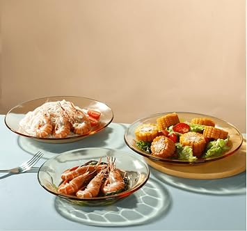 2 Pack Glass Dinner Plates, Amber Clear Glass Salad Plate, Dinnerware for Pasta, Bread, Appetizer, Fruit, Dessert and Cake, 7.7inch (beige, 9.13inch)