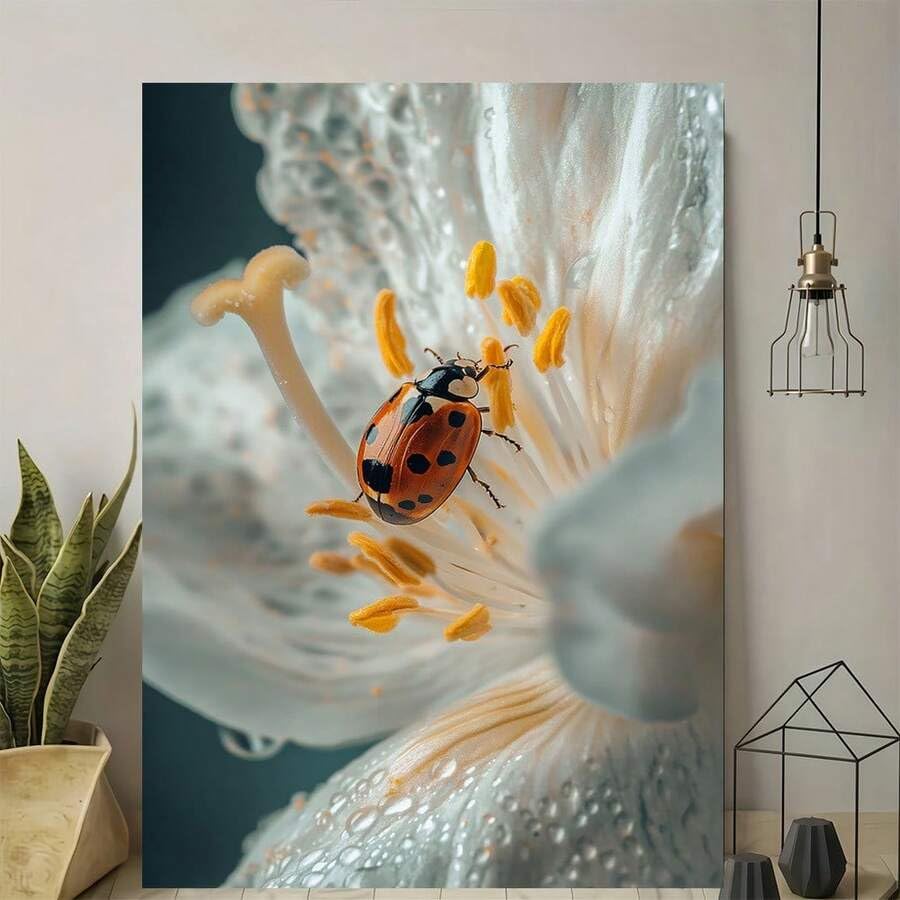 Toile coccinelle sur fond blanc pour habiller un mur vide sans acheter de cadre en plus