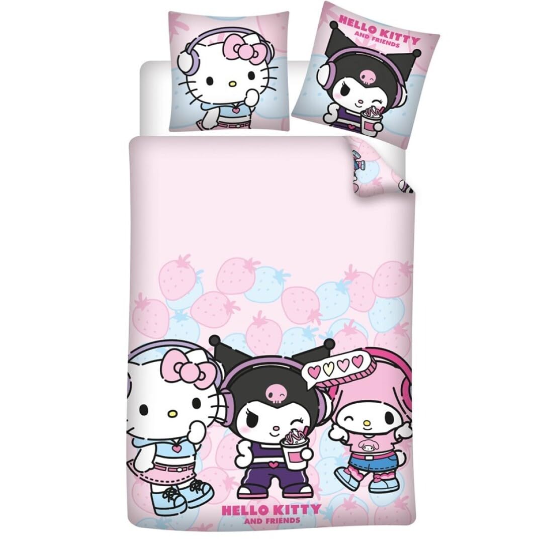 Hello Kitty Kuromi Copripiumino Singolo 140x200 + Federa 65x65 Misto Rosa | Set lenzuola reversibile | Misto cotone asciugatura rapida | Hello Kitty & Friends Sanrio | Bambine | Regalo | Idea regalo