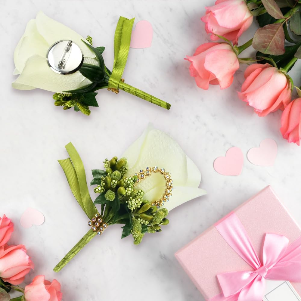6 PCS Rose Wedding Boutonniere White Boutonniere Handmade Corsage Buttonhole Flowers Artificial Wedding Prom Banquet Flowers Decor with Pin&Clip for Groom Men Bridal Women Suit Dress