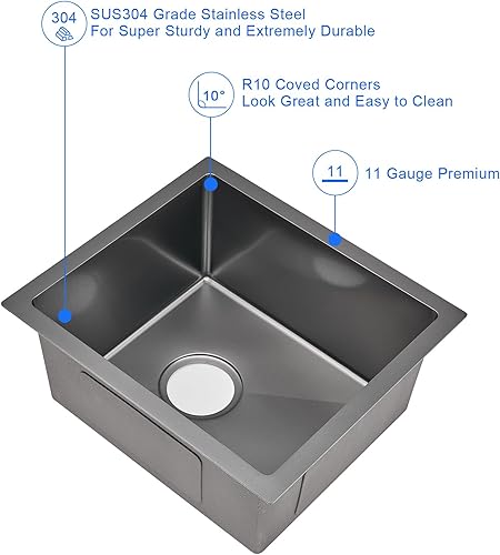Vista 76 de MENATT Fregadero de cocina de 20 pulgadas, acero inoxidable SUS304 hecho a mano, fregadero de cocina con colador de fregadero (cepillado), 20 x 16 x