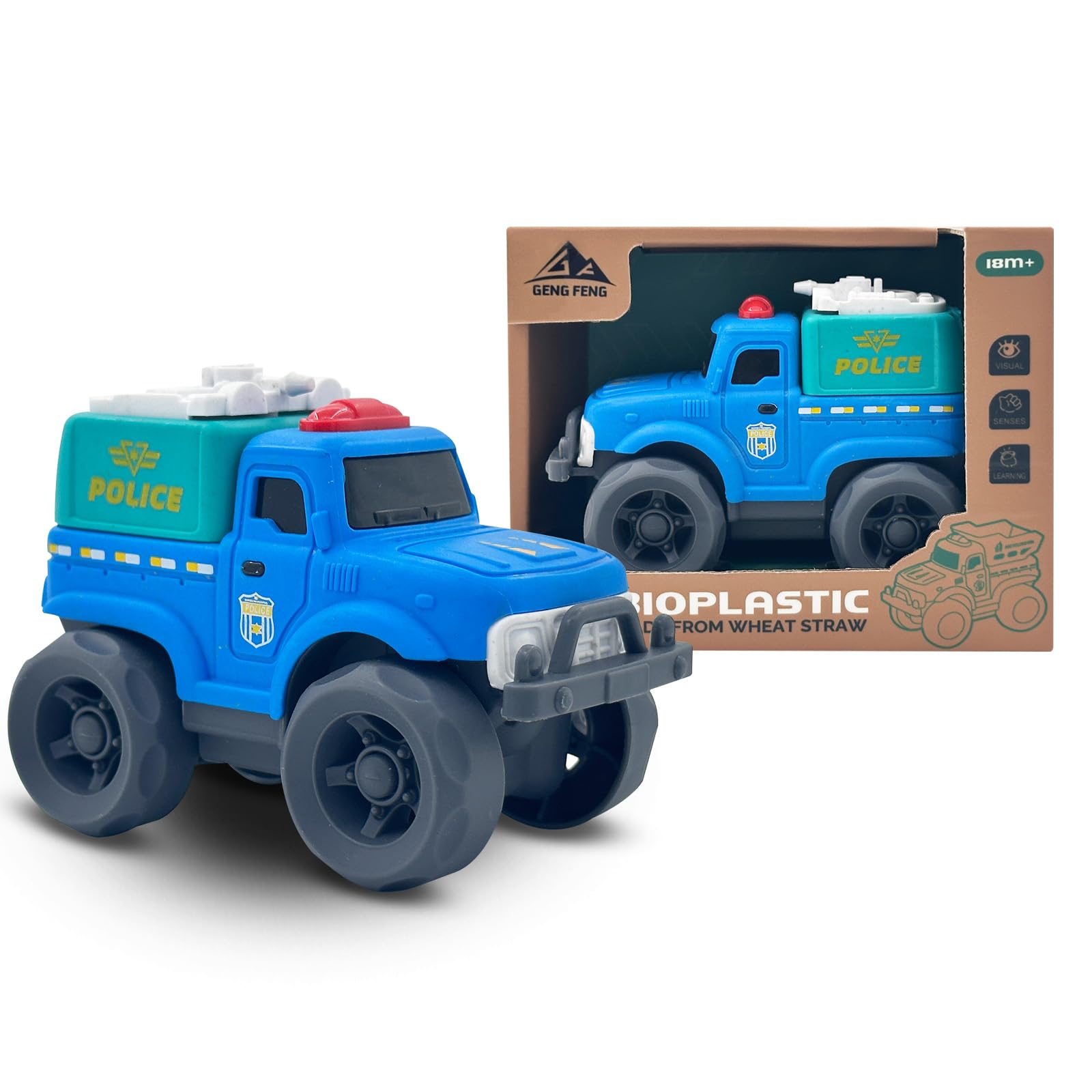 Cicili Toddler Car Toys for Boy Girl 1-3 Year Old, Blue Police Truck, BPA Free, Phthalates Free, PVC, Recycled Plastic, Easy to Clean, Toddlers Toy for Fine Motor Skills, Birthday Gifts for Boys Girls