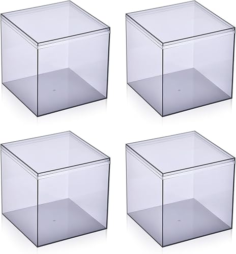 dedoot Caja de acrílico negro transparente con tapa, paquete de 4 cajas de plástico negro transparente de 4.7 x 4.7 x 4.7 pulgadas para organizar,