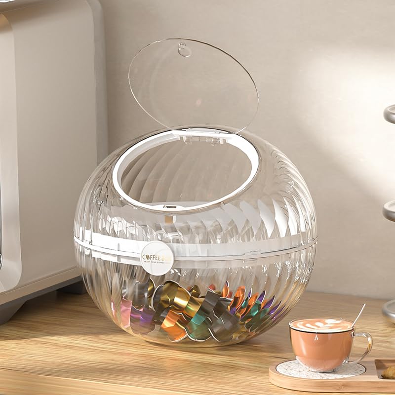 Hoidokly Cestello Portaoggetti per Caffè, Grande Capacità Trasparente Sferica Contenitore per Capsule, Compatibile con Varie Capsule, Caramelle, Biscotti e Cioccolatini (Bianco)