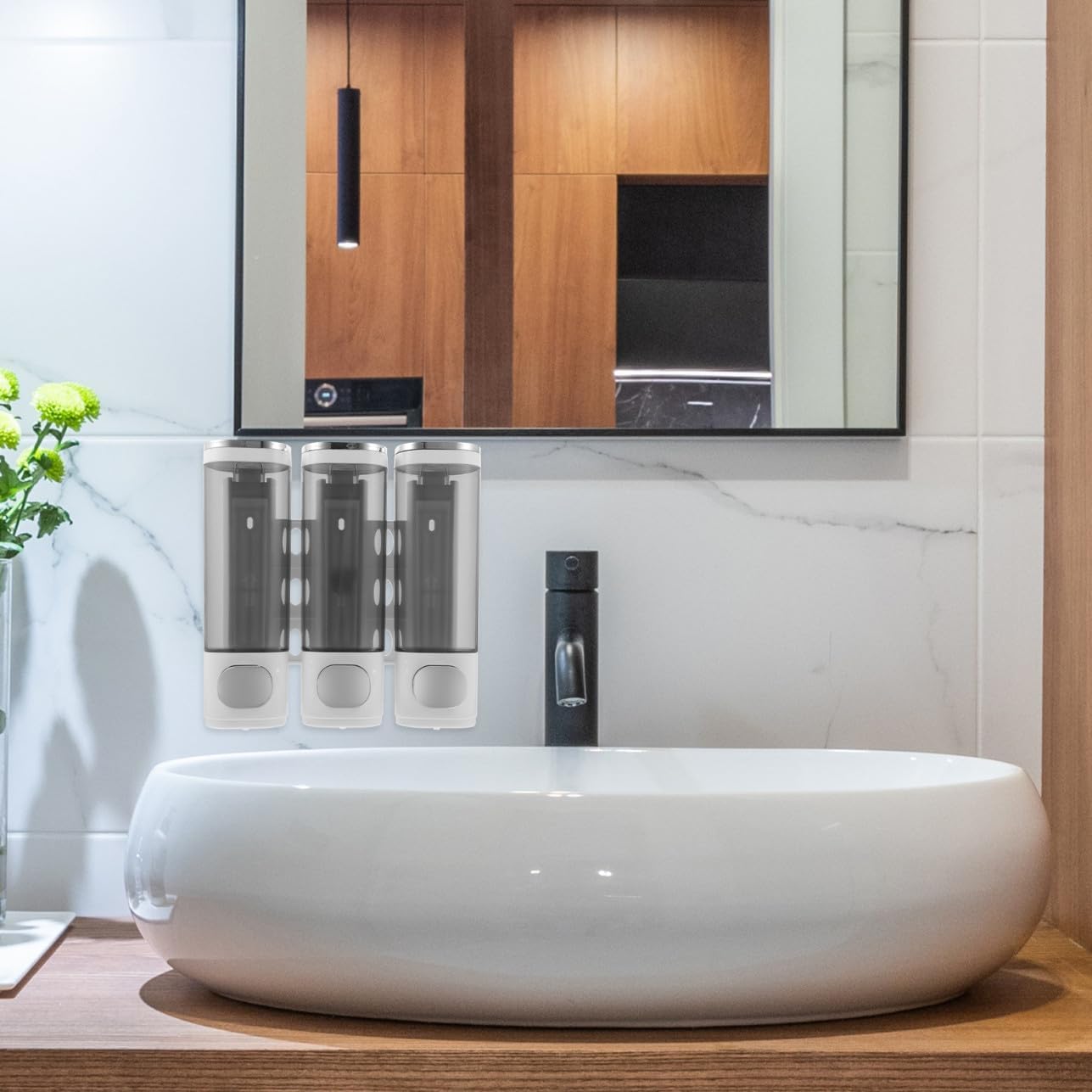 Wall-Mounted 3-in-1 Shampoo Conditioner Body Wash Dispenser, Electroplated White Triple Head Manual Soap Holder for Shower Bathroom