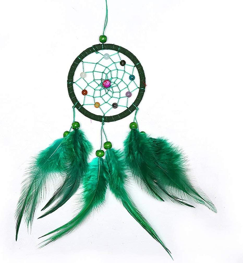 Colgante de plumas verdes y atrapasueños circular blanco artesanal para decoración de pared