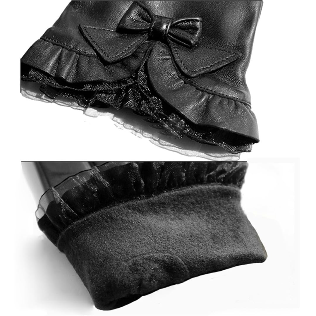 Gants En Peau De Mouton Pour Femmes, À La Mode, Avec Nœud En Dentelle, En Cuir Solide, Pour Conduite D'hiver, Garde Au Chaud