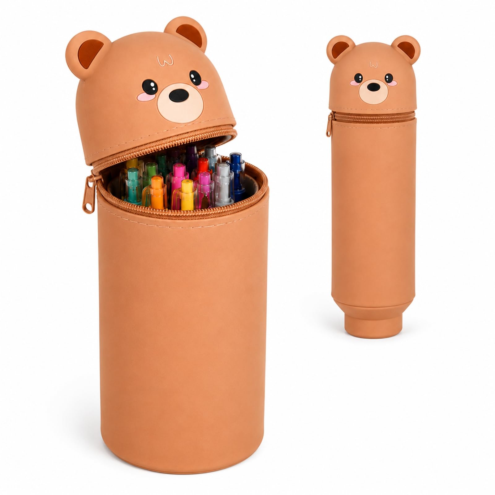 WHJYCC Kawaii Bear Silicone Pencil Case, 2-in-1 Expandable Desk Pen Holder