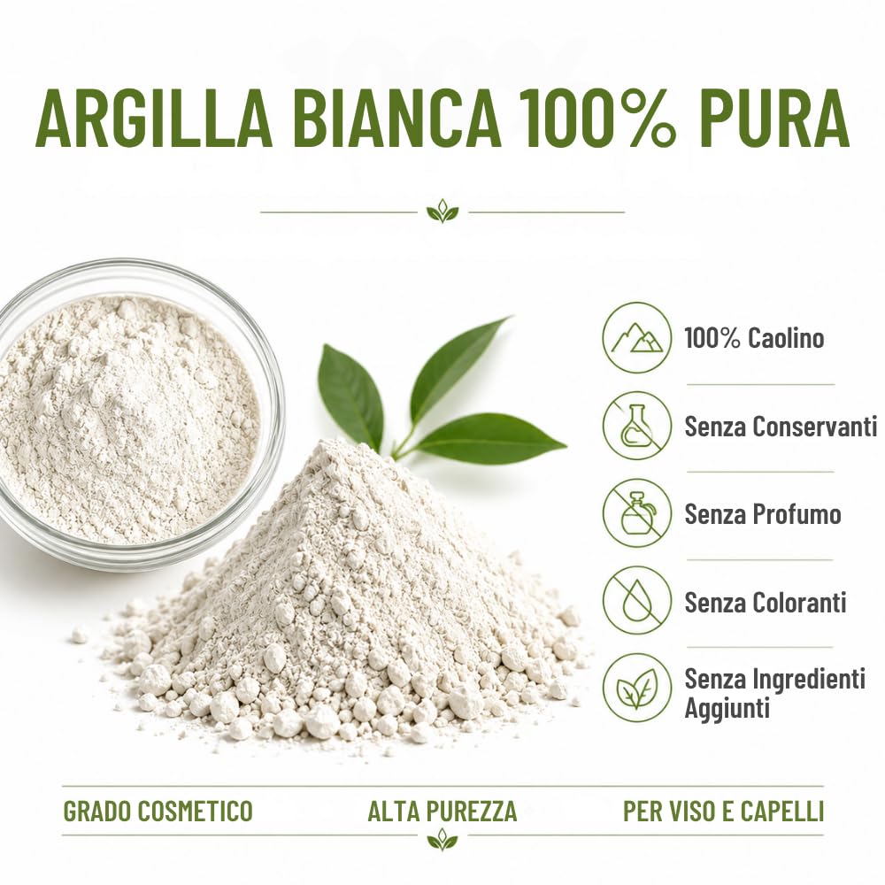 Argilla Bianca di Kaolin | 500 gr | Per la Cura della Pelle e dei Capelli | Esfoliante e Lenitivo | Ringiovanisce, calma e ammorbidisce la pelle