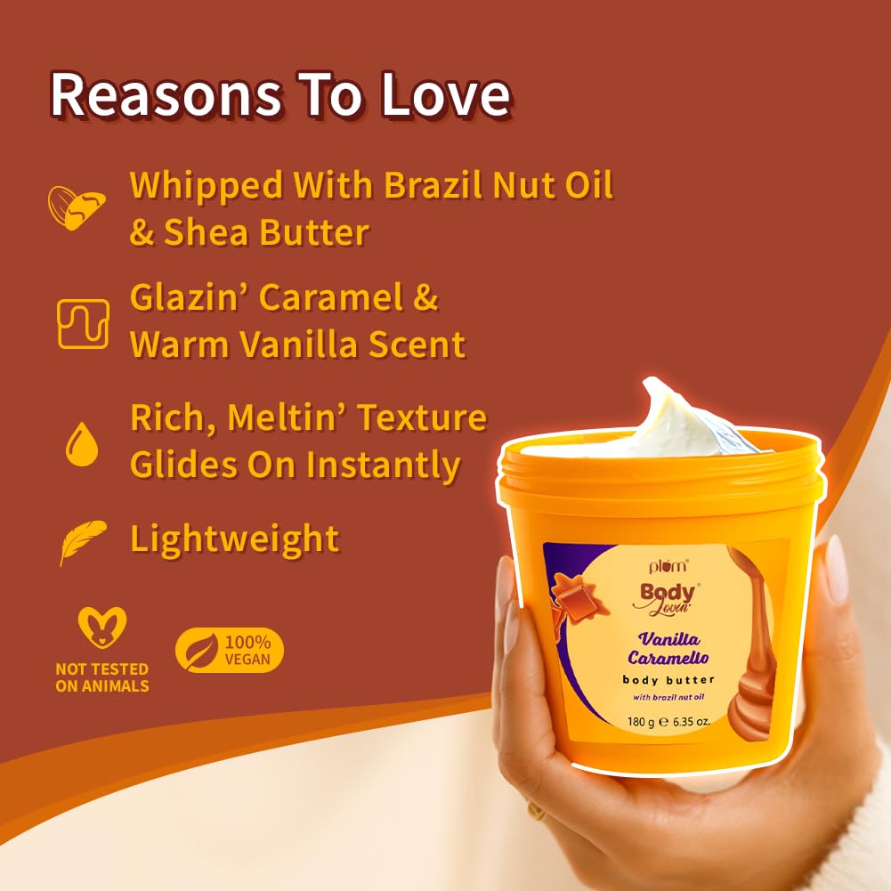 Plum BodyLovin' Vanilla Caramello Body Butter | Shea Butter & Brazil Nut Oil for Deep Moisturization | Non-Greasy & Lightweight | Buttery Soft, Smooth & Moisturised Skin | For Dry To Very Dry Skin | Vanilla & Salted Caramel | 180gm 2