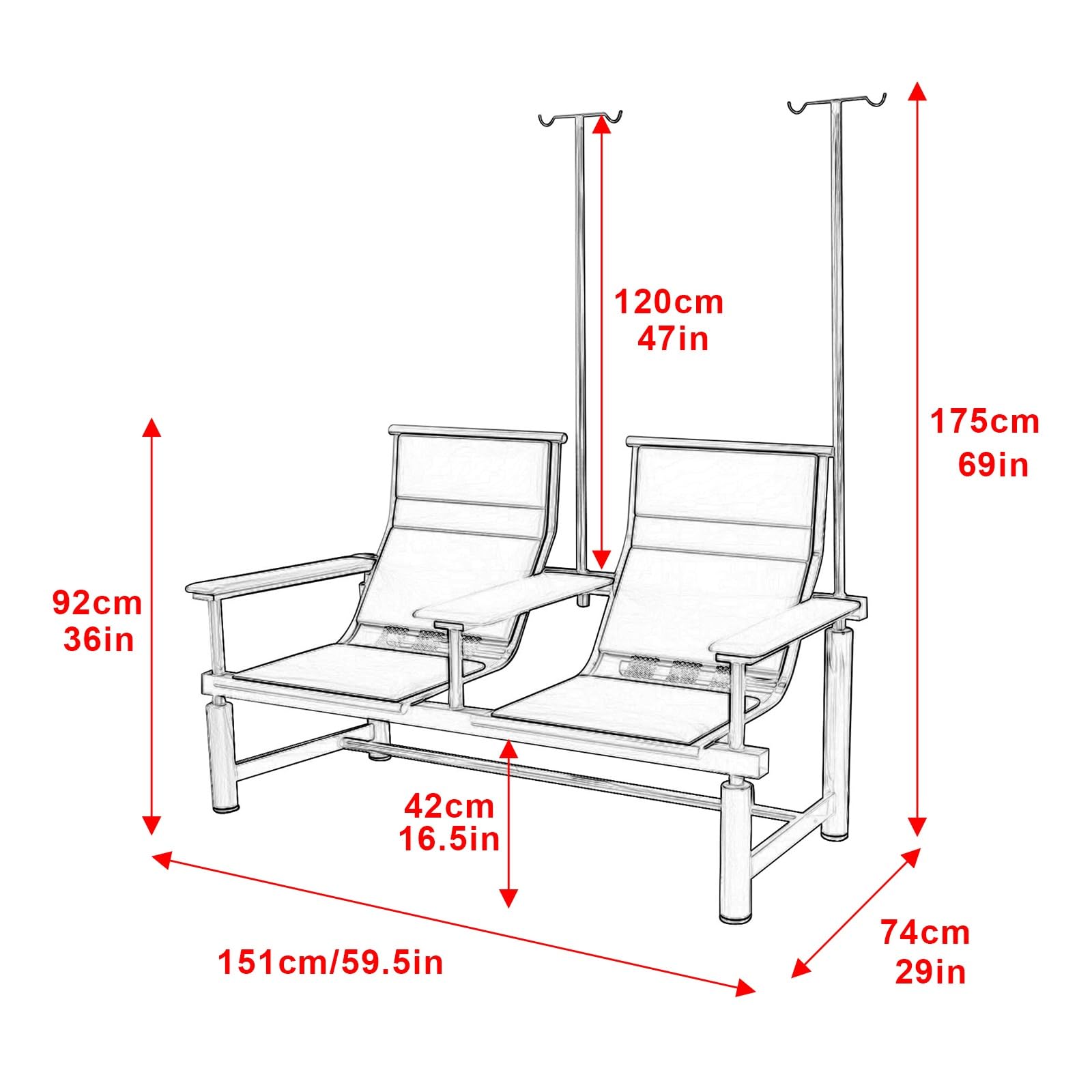 Fauteuil Médical pour Perfusion et Prélèvement Sanguin, Banc D'attente 2 Places avec Potence à Perfusion, pour Hôpitaux, Cliniques et Cabinets Médicaux(Green)