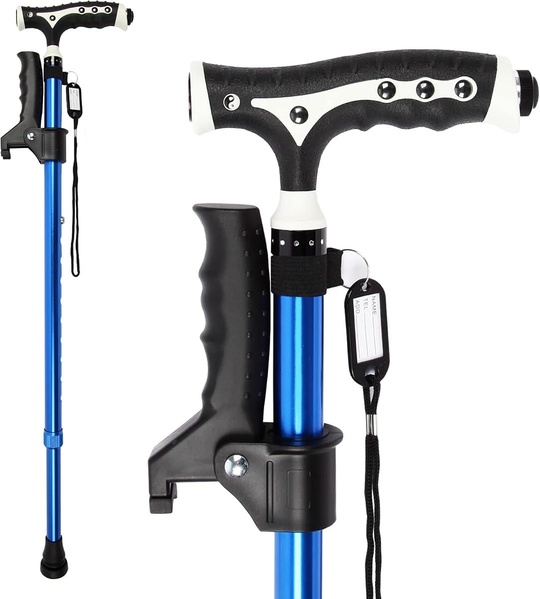 Hold 440 Lbs Walking Cane for Men & Women Aluminum Alloy Lightweight Height Adjustable Walking Stick Heavy Duty Foldbale Free Standing Cane with LED for Seniors Adults