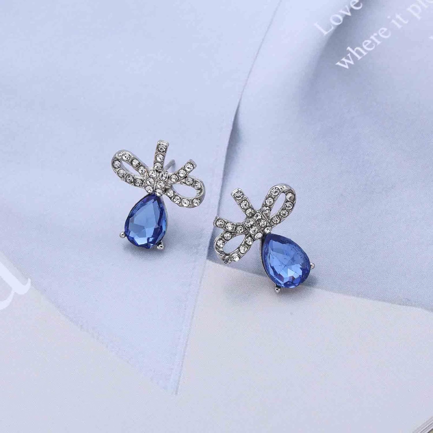 Vintage Teardrop Blue Sapphire Earrings Waterdrop Sapphire Drop Earring Blue Gemstone Teardrop Earrings Silver Filigree Bow Stud Earring Jewelry for Women - Image 7