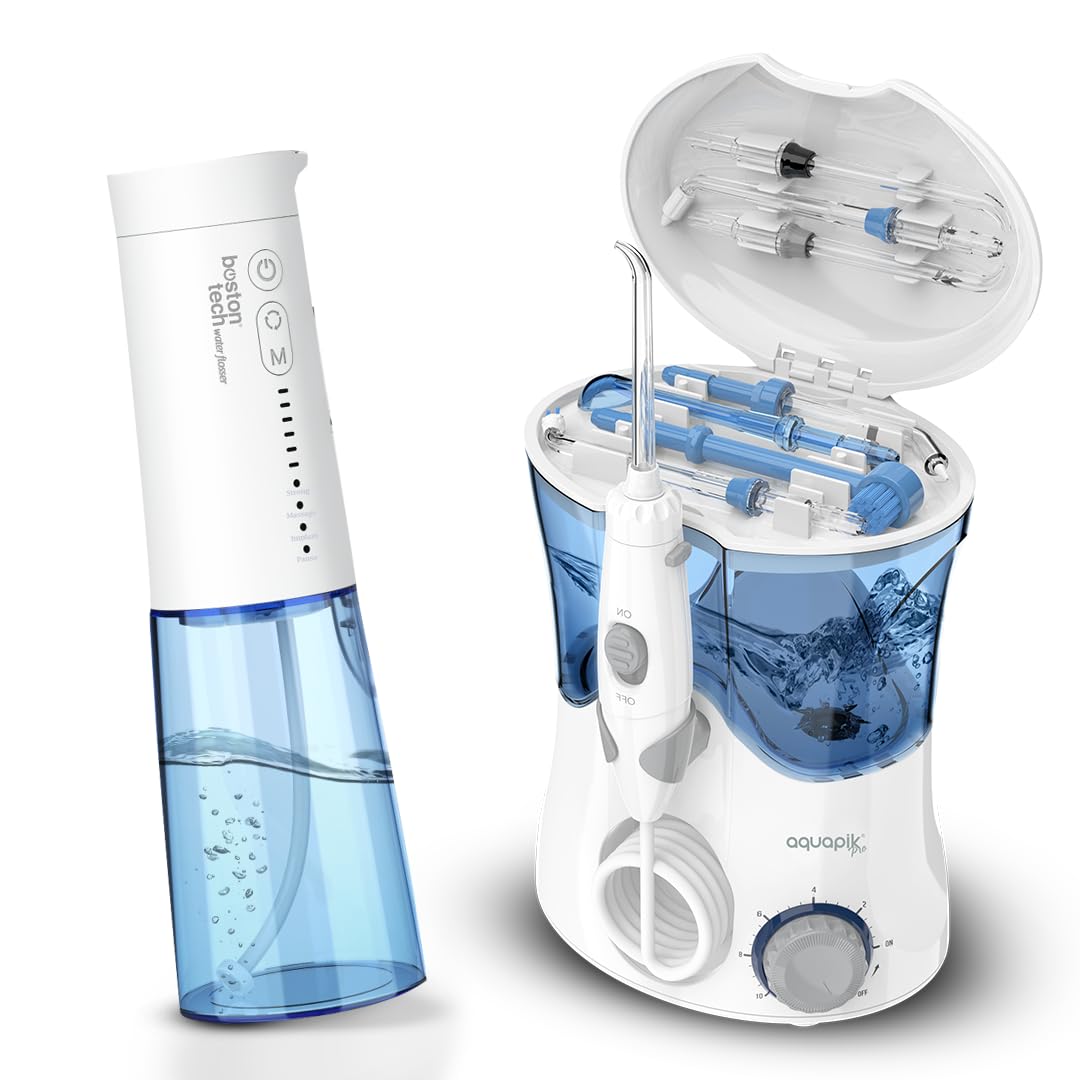 Pack Aquapik® PRO Irrigador Dental Sobremesa + Aquapik® ONE Portátil | Salud Bucal Completa en Casa y Viaje | Ahorra y Protege Encías y Dientes | Cuidado Premium Familiar (Blanco - Blanco)