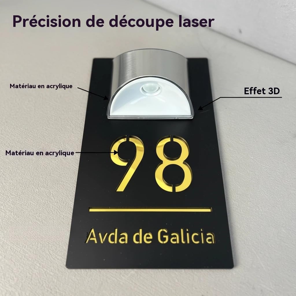 Plaque Numéro de Maison Extérieure Personnalisée Imperméable - Acrylique LED Solaire, 6 Polices - Pour Porte/Mur (4 Tailles au Choix : 15x25cm, 15x29cm, 18x32cm, 22x35cm)(Noir-Blanc)