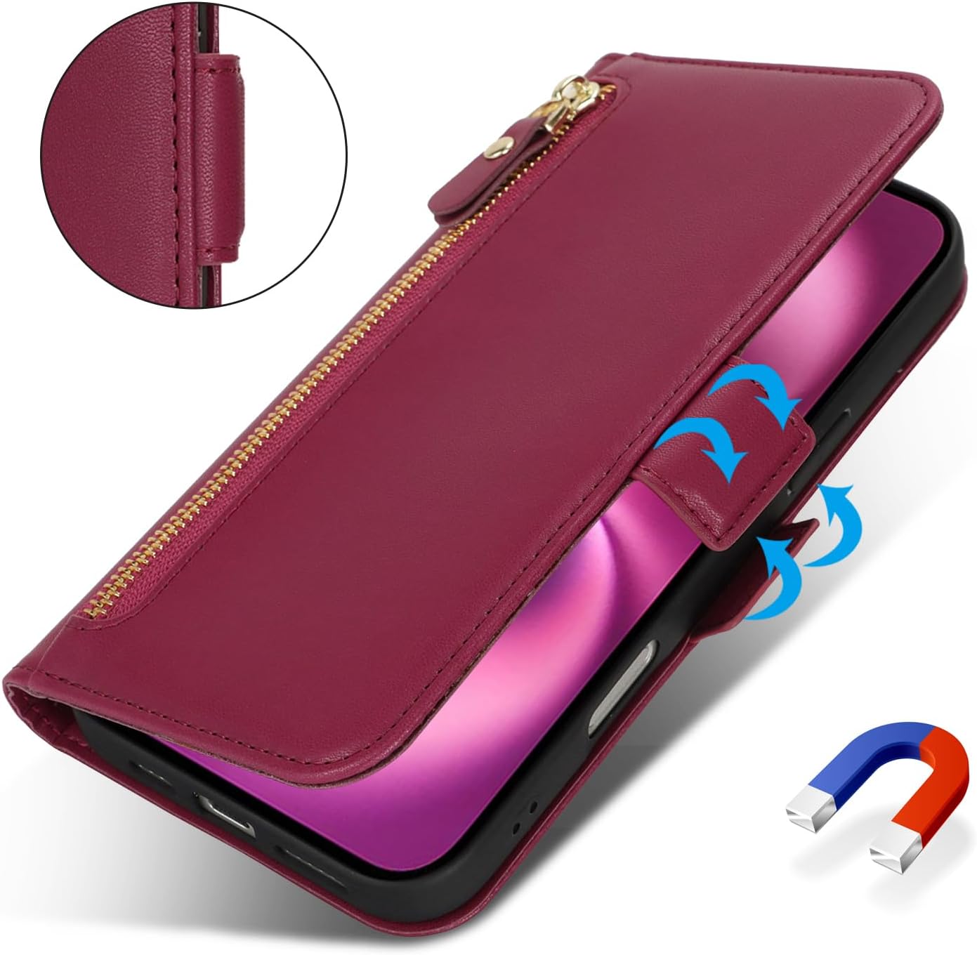 Ｈａｖａｙａ for iPhone 16 Plus case Wallet with Card Holder Zipper for Women Men PU Leather Flip Folio Credit Card Slots Stand Shockproof Phone Cover(6.7")-Rose Red