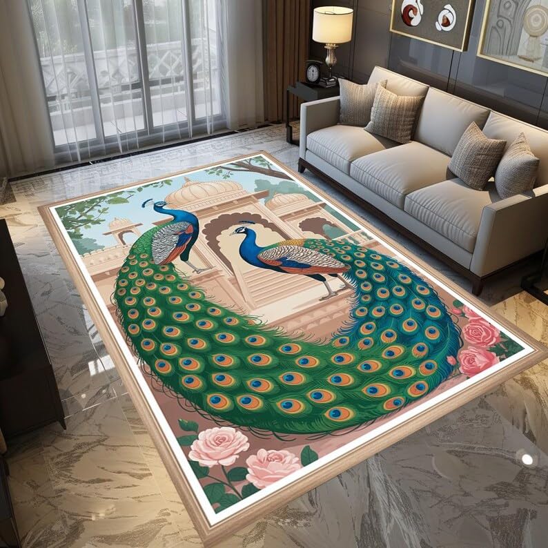 Tapis lavable motif paon antidérapant 45x120cm pour salon et chambre