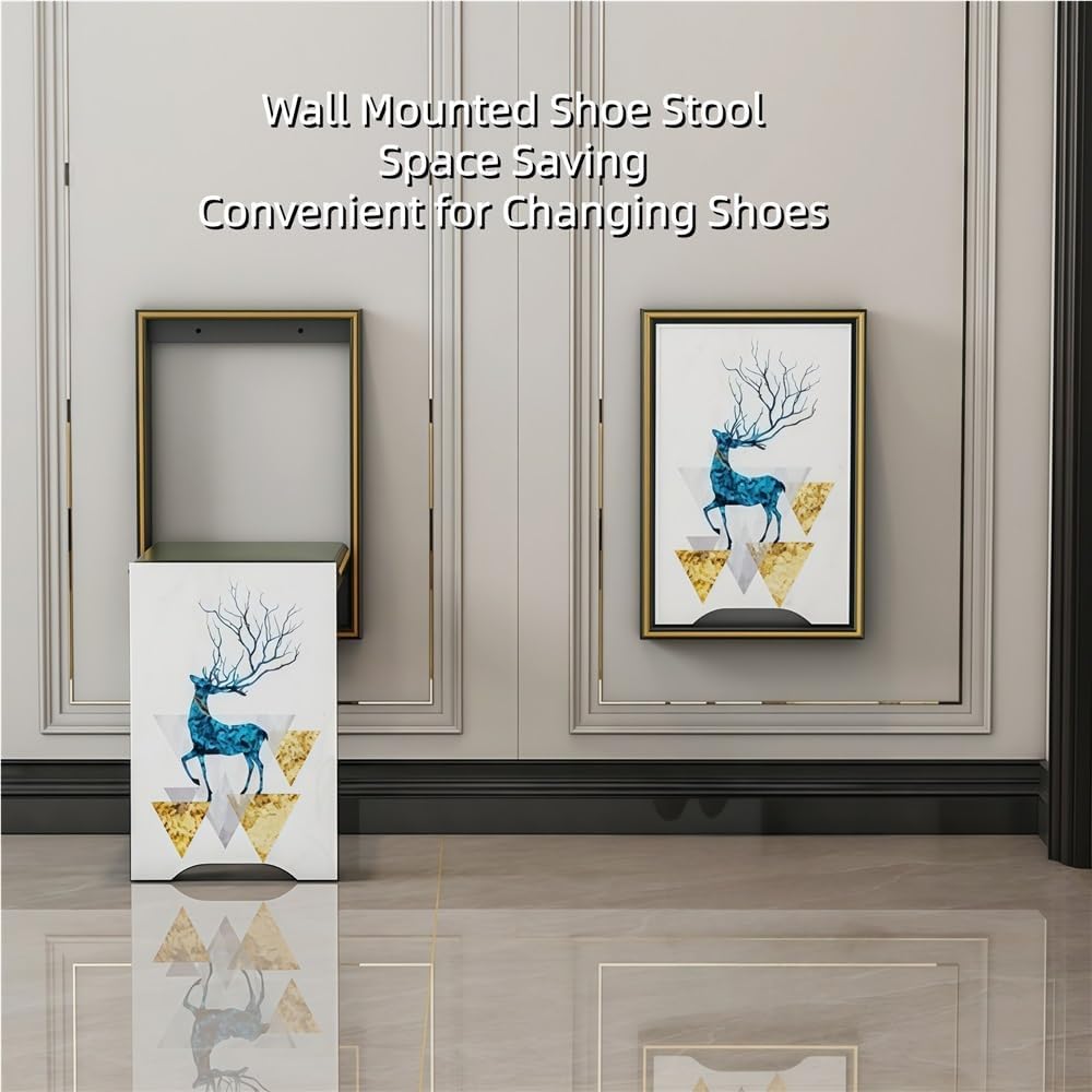 Wall Mounted Folding Stool, Hidden Flip-Down Entryway Stool with Padded Seat, Folding Shoe-Changing Chair for Hallway, Corridor, Bedroom(Blue+Black)