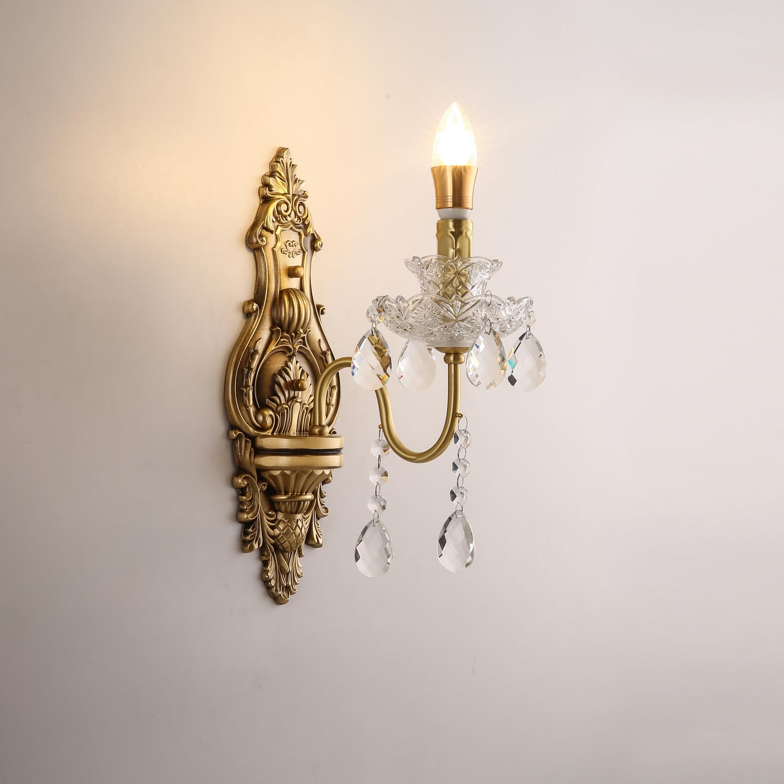 HUAYUSEDF French Brass Crystal Wall Sconces American Retro Candle Living Room Bedroom Bedside Lamp Villa Hotel Study Aisle Corridor Light (H 1 Light)(H 1 Light)