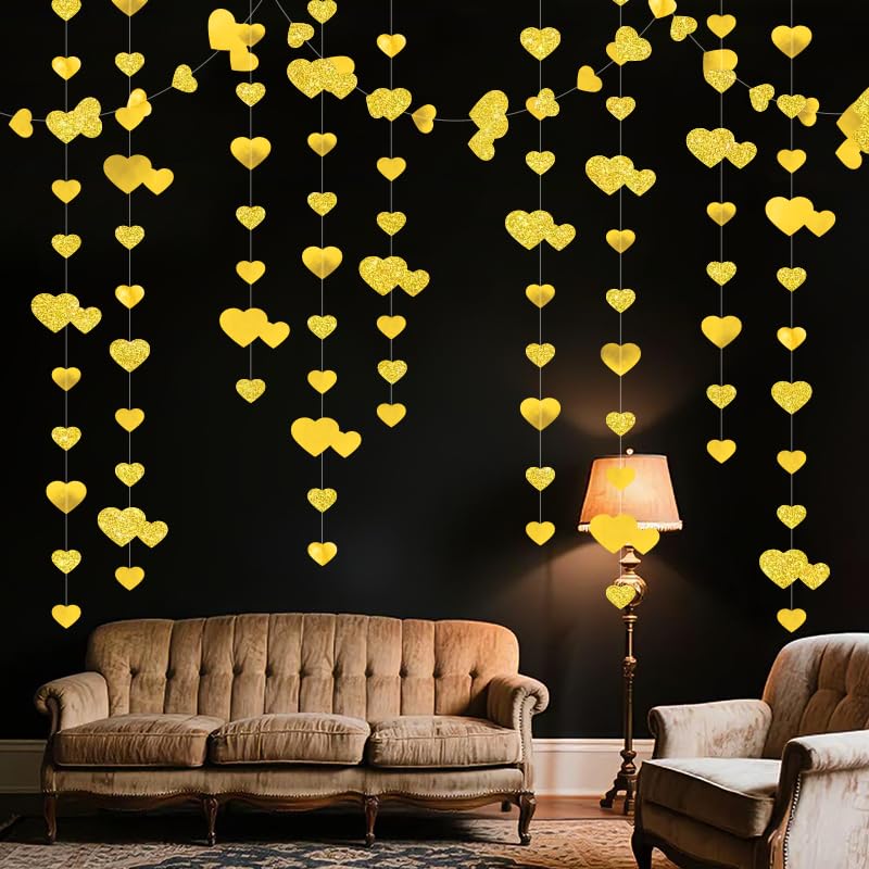 Image of Gold Heart Garland Hanging Sparkling Love Streamer Glitter Bunting Banner Twinkle Heart Backdrop for Wedding Engagement Valentines Galentines Birthday Party Decor 40 Feet