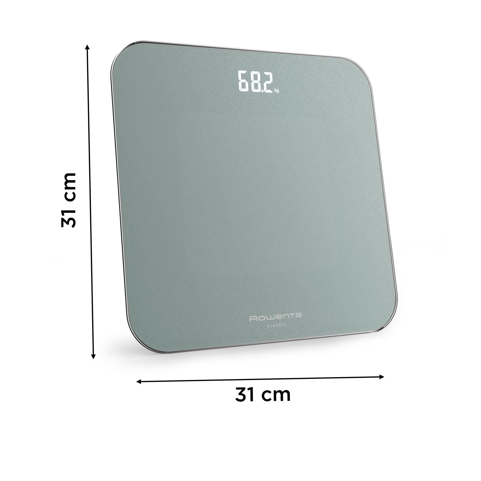 Rowenta Classic 2.0, Bilancia con Schermo Invisibile LED Facile da Leggere, Capacità 180kg, Design Moderno e Funzioni Intelligenti, AutoAccensione e Spegnimento Automatico, Colore Eucalipto, BS1903V0
