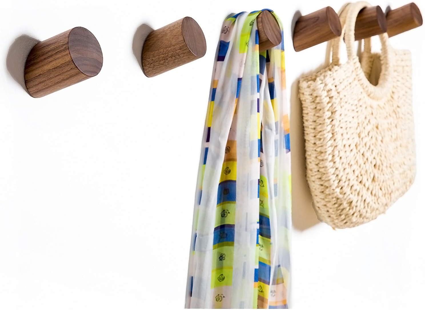 Felidio Wooden Wall Hooks, Natural Wood Coat Hooks Wall-Mounted (2 Pack), Rustic Wall Coat Rack Hat Hook, Entryway Walls Hangers, Heavy Duty Hook for Hanging Towels (Black Walnut)